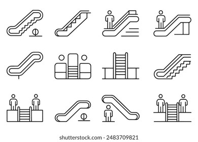 Escalator and stairs up and down editable stroke outline icons set illustration on white background.