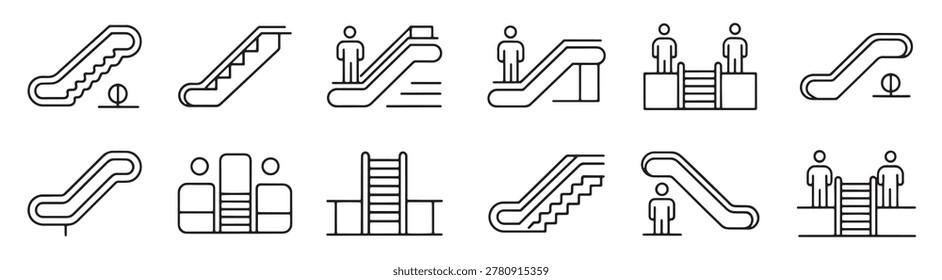 escalator and stairs up and down editable stroke outline