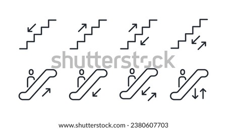 Escalator and stairs up and down editable stroke outline icons set isolated on white background flat vector illustration. Pixel perfect. 64 x 64.