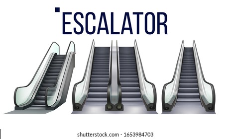 Escalator Stairway Electronic Equipment Set Vector. Collection Of Different Type Escalator For Transportation Human On Next Storey. Moving Ramp Stairs Concept Layout Realistic 3d Illustrations