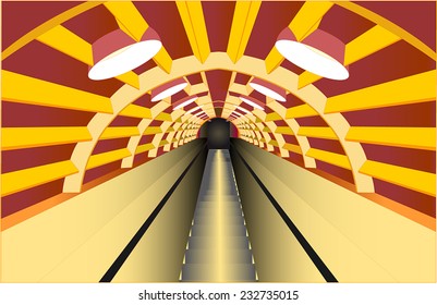 Escalator in the tube wall tube are made of light alloy stiffened with longitudinal arches and shaped plates, escalators are lit by large lamps in the ceiling