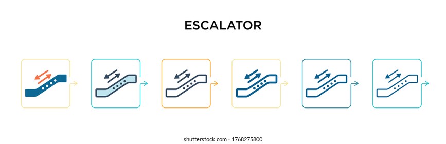 Escalator vector icon in 6 different modern styles. Black, two colored escalator icons designed in filled, outline, line and stroke style. Vector illustration can be used for web, mobile, ui