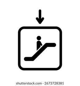 Escalator vector icon design on white background. Down arrow sign with person.	