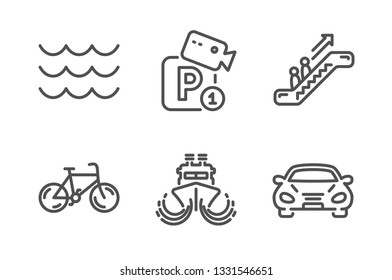 Escalator, Waves and Parking security icons simple set. Ship, Bicycle and Car signs. Elevator, Water wave. Transportation set. Line escalator icon. Editable stroke. Vector