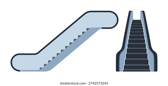 Escalators from front and side isolated on white background. Speed stairway escalator tool for transportation human on next floor.