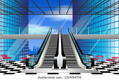 Escalators with glass roof in department stores