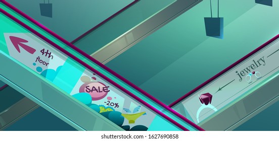 Escalators in mall. Moving staircase, automatic ladder with glass railing with advertising and sale information. Vector cartoon illustration of elevator stairs in airport, metro, shopping center