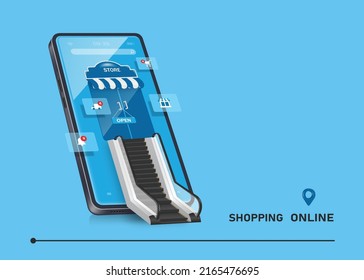 Escalators and store that are open on the smartphone screen And there are icons about online shopping popping around To convey that you don't have to go to mall to be able to shop on  online platform