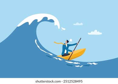 Escape from business crisis, recession or risk, adversity or challenge to survive danger, uncertainty or vulnerability, run away from trapped, hopeless concept, businessman escape from danger wave.