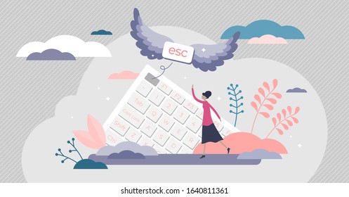 Escape button creative concept, flat tiny person vector illustration. Leaving work and going to vacation holidays or getting fire and going after personal dreams. Inner mental and professional growth