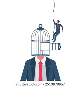 Escape from the cage. Businessmаn escapes restrictions. Stepping out of your comfort zone. Hope and freedom. Vector illustration flat design. Isolated on white background.
