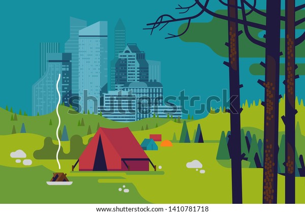 Escape City Concept Illustration Depicting Camping Stock Vector