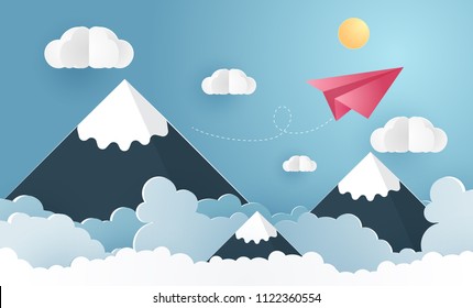 Escape from the city, illustration of love travel day, paper plane flying on sky with cloud and mountain., nature landscape and concept of business, vector paper art and craft style illustration.