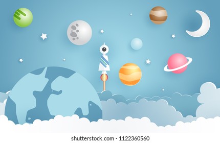 Escape from the city, illustration of love travel day, paper art of rocket on mound with the solar system at back, vector paper art and craft style illustration.
