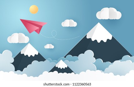 Escape from the city, illustration of love travel day, paper plane flying on sky with cloud and mountain., nature landscape and concept of business, vector paper art and craft style illustration.
