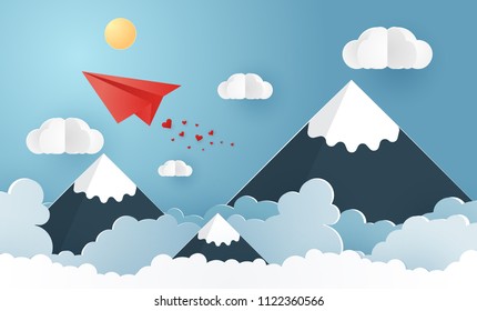 Escape from the city, illustration of love travel day, paper plane flying on sky with cloud and mountain., nature landscape and concept of business, vector paper art and craft style illustration.