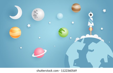 Escape from the city, illustration of love travel day, paper art of rocket on mound with the solar system at back, vector paper art and craft style illustration.
