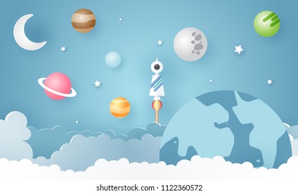 Escape from the city, illustration of love travel day, paper art of rocket on mound with the solar system at back, vector paper art and craft style illustration.