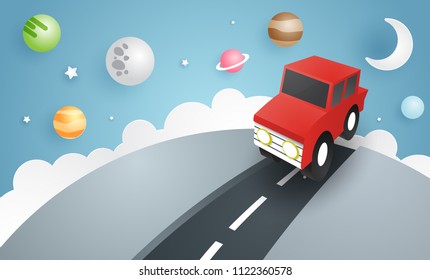 Escape from the city, illustration of love travel day, paper art of red car jumping on mound with the solar system at back, vector paper art and craft style illustration.