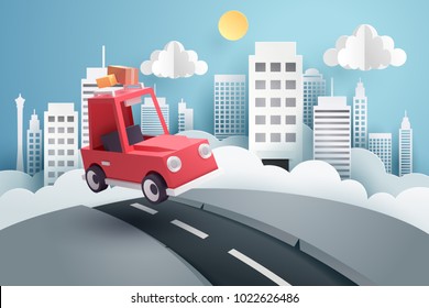 Escape from the city, Paper art of red car jumping on mound with the city at back, origami and travel concept, vector art and illustration.