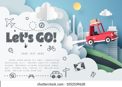 Escape from the city, Paper art of red car jumping on mound with Let's go text and journey doodle icon, origami and travel concept, vector art and illustration.