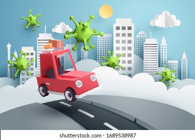 Escape from the city, Paper art of red car run away from city and Covid-19 virus cell, origami and outbreak concept, vector art and illustration.