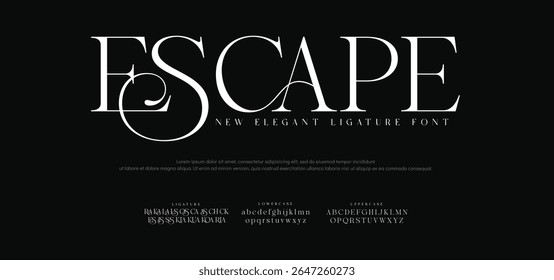 Escape Classy elegant font, vintage type or luxury premium typeface, vector English royal alphabet. Classic typography in modern or old art deco style, serif letters for modern or retro poster font
