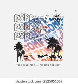 escape comfort zone slogan on summer sunset background and palm trees silhouette vector illustration