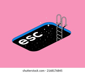 Escape conceptual metaphor illustration with escape computer button in the form of a pool with stairs and starry night texture. Vector illustration - Shutterstock ID 2168176845