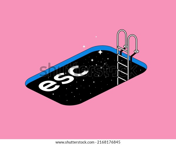 Escape conceptual metaphor illustration with\
escape computer button in the form of a pool with stairs and starry\
night texture. Vector\
illustration