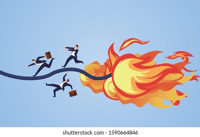 Escape, crisis, businessman's path burned by flames