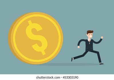 Escape from debts, inflation or financial crisis concept design. Scared businessman running away from huge golden dollar coin
