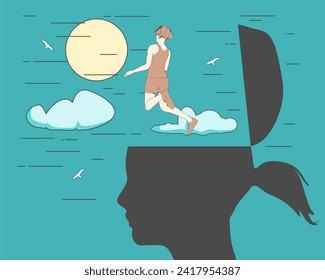 Escape from depressed mind. Exit or leave depression, anxiety or stressed lockdown concept. Woman fly away escape from his open head.
