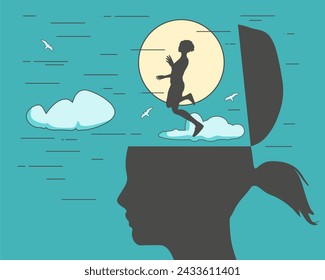 Escape from depressed mind. Exit or leave depression, anxiety or stressed lockdown concept. Woman fly away escape from his open head.