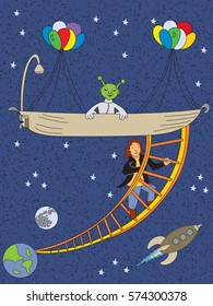 Escape from earth with a help from alien in bathtub vector illustration for kids.
