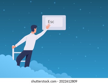 Escapar, salir. El hombre de dibujos animados presiona el botón de interfaz de teclado Esc. El personaje sube la escalera en el cielo y sale de la página web. Cerrar el software electrónico de computadora con teclado. Concepto de vector