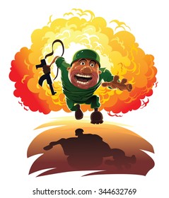 Escape from explosion.
The Soldier running away from blast for his back.