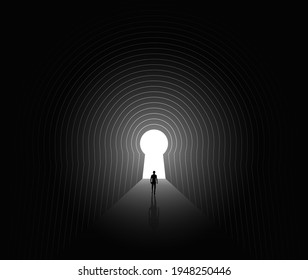 Escape or finding a way or destiny or solving life problems psychologic concept with human silhouette walking through the dark tunnel to the light at the end of the tunnel. Vector illustration