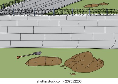 Escape holes dug out at barbed wire walls