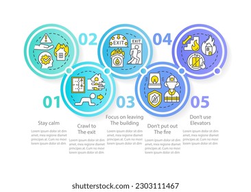 Escape house from fire circle infographic template. Crawl to exit. Data visualization with 5 steps. Editable timeline info chart. Workflow layout with line icons. Myriad Pro-Bold, Regular font used