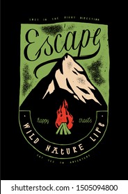 Escape - ice covered mountain peak an a camp fire - vintage typography silk-screen t-shirt print