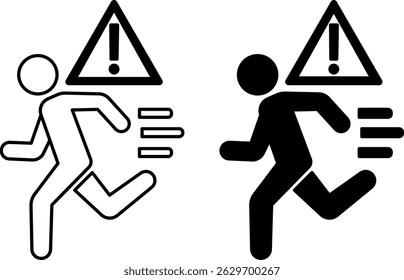 Iconos de escape. Ilustraciones vectoriales blancas y negras. Running Man y el signo de la prohibición. Concepto de ejecución