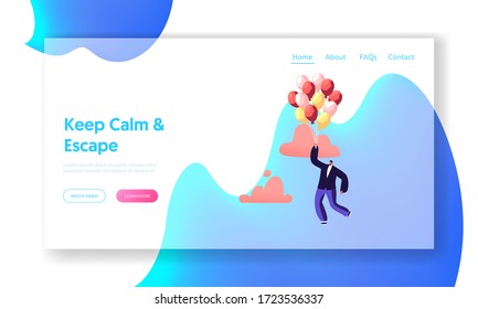 Escape, Inspiration, Progress, Creative Solution Landing Page Template. Businessman Character Flying with Air Balloon in Air Escaping Quarantine Isolation, Career Growth. Cartoon Vector Illustration