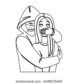 fuga sequestro vetor mulher. cativeiro desaparecido, crime de resgate, vítima suspeito escapar sequestrando personagem mulher. pessoas linha preta lápis desenho ilustração