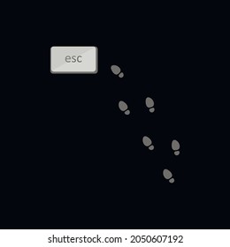 escape laptop button, feet marks leading to the escape button, created in flat on a black background, concept of escaping from something, disappearing