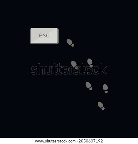 escape laptop button, feet marks leading to the escape button, created in flat on a black background, concept of escaping from something, disappearing