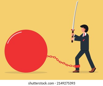 Escape And Liberation Concept . Confident Businessman Uses A Sword To Cut A Heavy Burden.