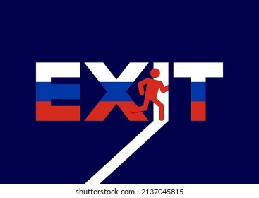 Escape Man pictogram with Exit text Russia flag pattern color, Victim find a way of Peace and Stop war crisis concept, flat design illustration isolated on blue background with copy space, vector