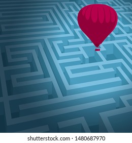 Escape the maze and use a hot air balloon. Isolated on blue background.