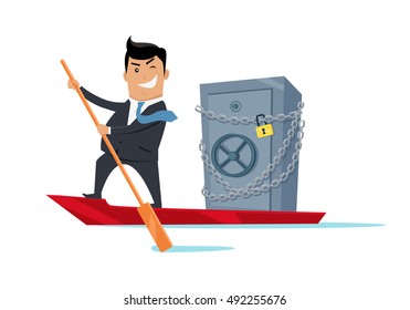 Escape with money concept vector. Flat design. Success. Financial crime, tax evasion, money laundering, political corruption illustration. Smiling man in business suit sailing away on boat with safe.